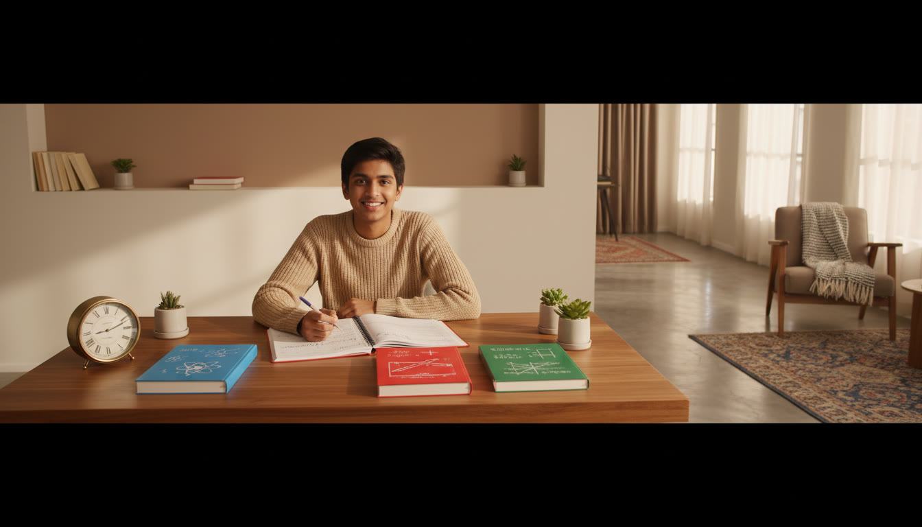 Photo Idea : Student at a tidy desk with a planner, clock, and Physics/Chemistry/Math books open