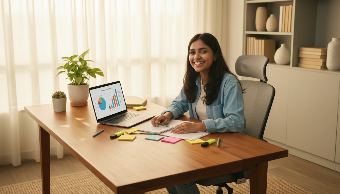 Photo Idea : student reviewing a mock test with colored notes and a laptop showing performance analytics