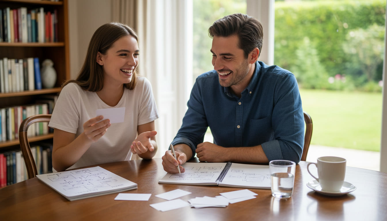 Photo Idea : Student practicing interview with a mentor, notes and cue cards visible