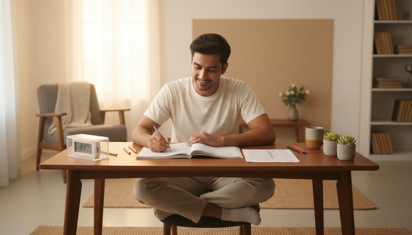 Photo Idea : Student taking a full-length mock test on a desk with a timer and OMR sheet nearby