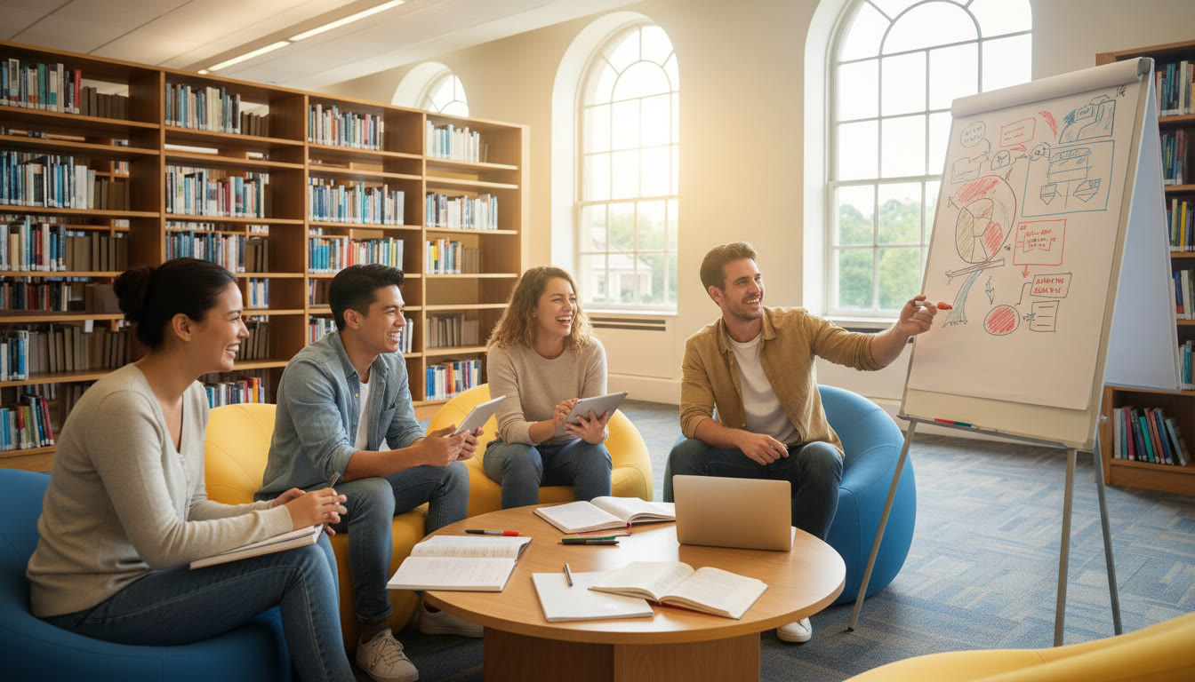 Photo Idea : A student group collaborating in a relaxed library corner with notebooks and a whiteboard