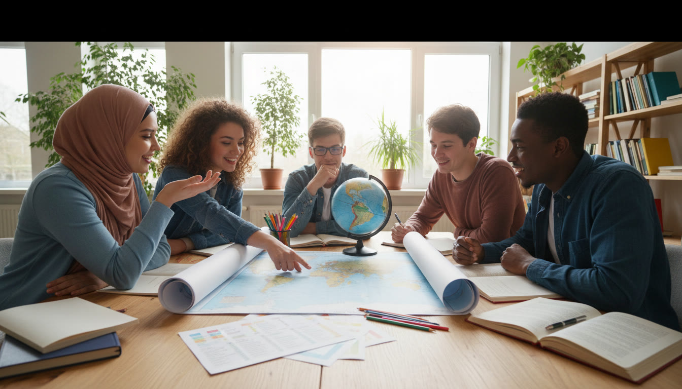 Photo Idea : a small group of diverse IB students around a table, maps and subject lists spread out, animated conversation