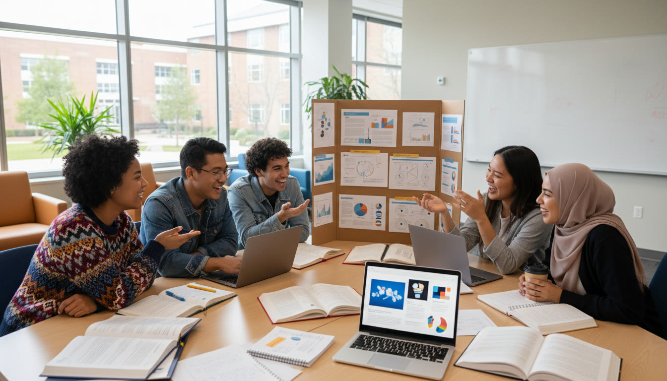 Photo Idea : A diverse group of IB students leaning over a table of notes and laptops, animatedly discussing a research poster