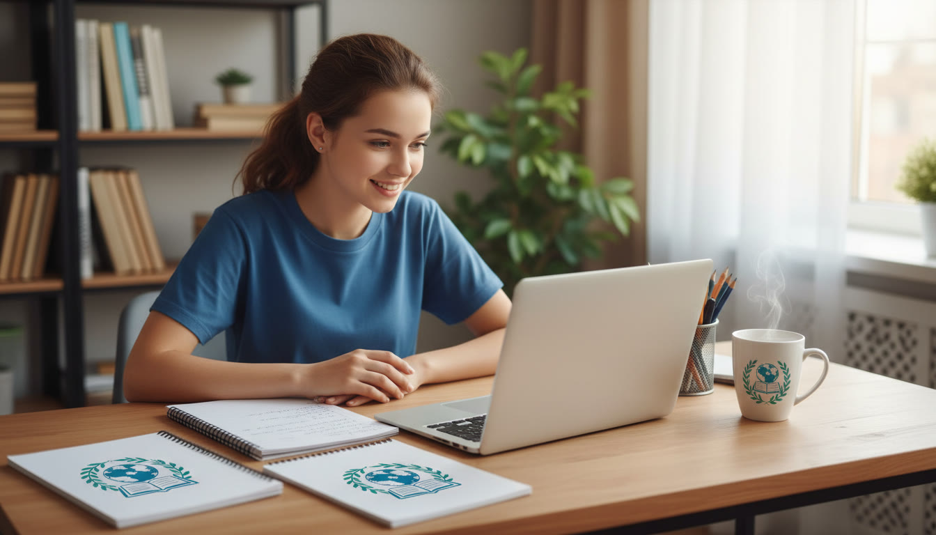 Photo Idea : A focused student at a tidy desk with IB notebooks, an open laptop showing a draft essay, and a coffee mug