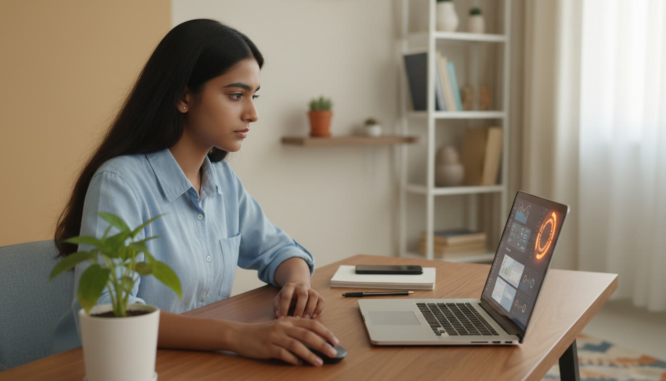 Photo Idea : a focused student taking a timed full-length mock test at a desk with a laptop and visible countdown timer