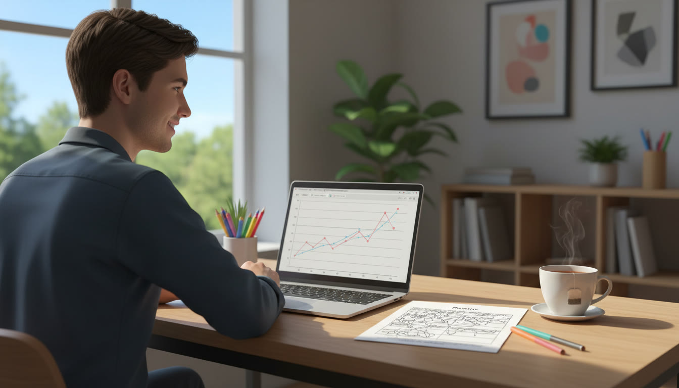 Photo Idea : a calm student at a tidy desk with an open laptop, printed IA rubric, and a cup of tea