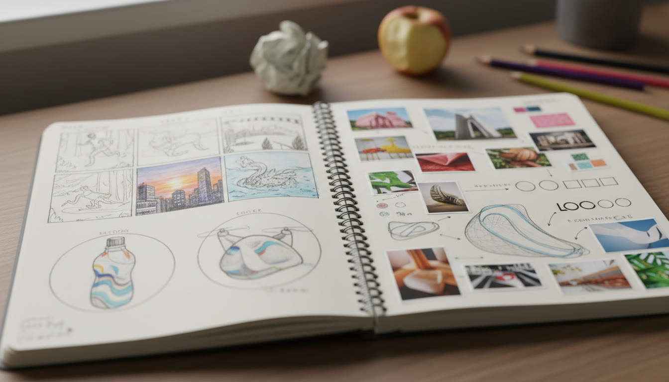 Photo Idea : Close-up of a student’s sketchbook with film storyboards, product mock-ups and annotated research clippings