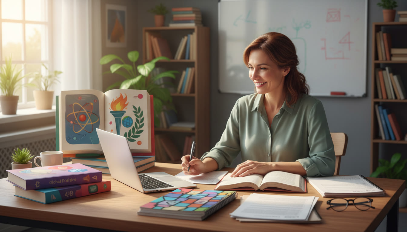 Photo Idea : A teacher writing a recommendation letter with IB books and notes on the desk