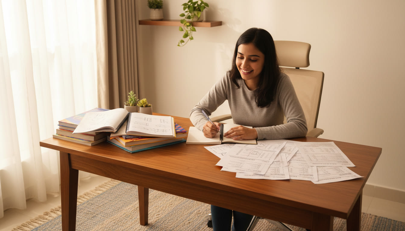 Photo Idea : Student at a desk with CBSE notes on one side and NEET practice sheets on the other