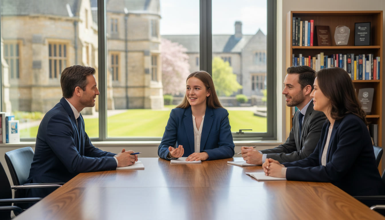 Photo Idea : A student calmly answering while three interviewers at a table listen attentively
