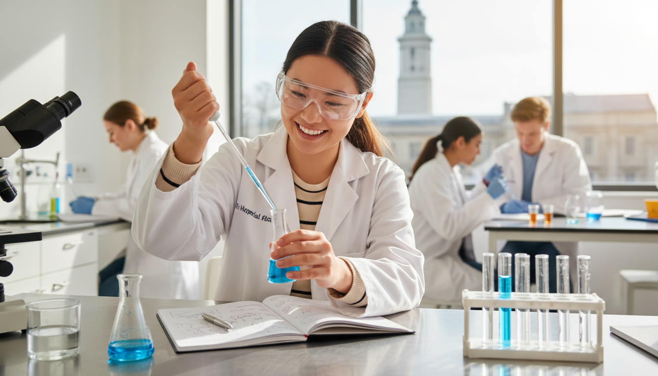 Photo Idea : Student in a modern lab at Imperial College, focused on a pipette while taking notes