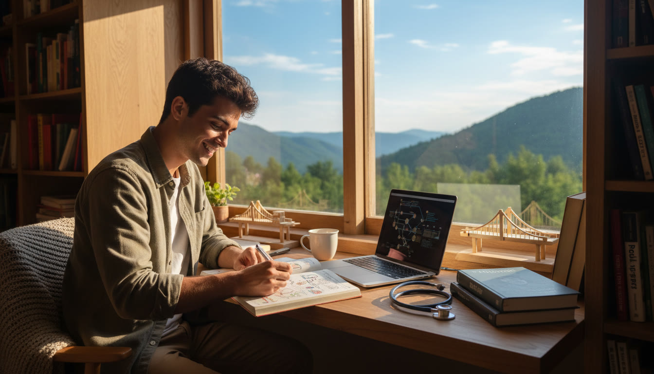 Photo Idea : A student writing in a CAS journal at a window, with project artifacts (models, stethoscope, laptop) around them