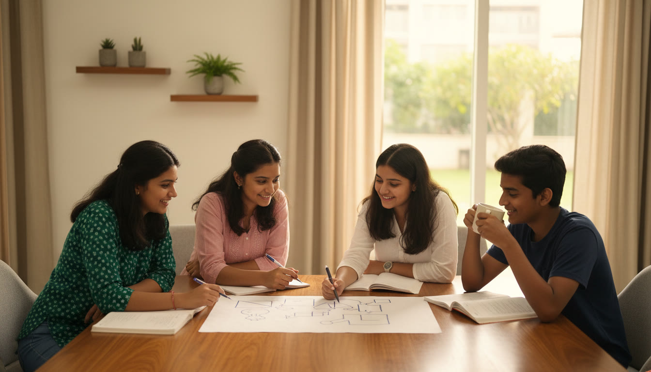 Photo Idea : A small group of Class 9 and 10 students around a table, notebooks open, one student explaining a concept to others with a diagram on paper