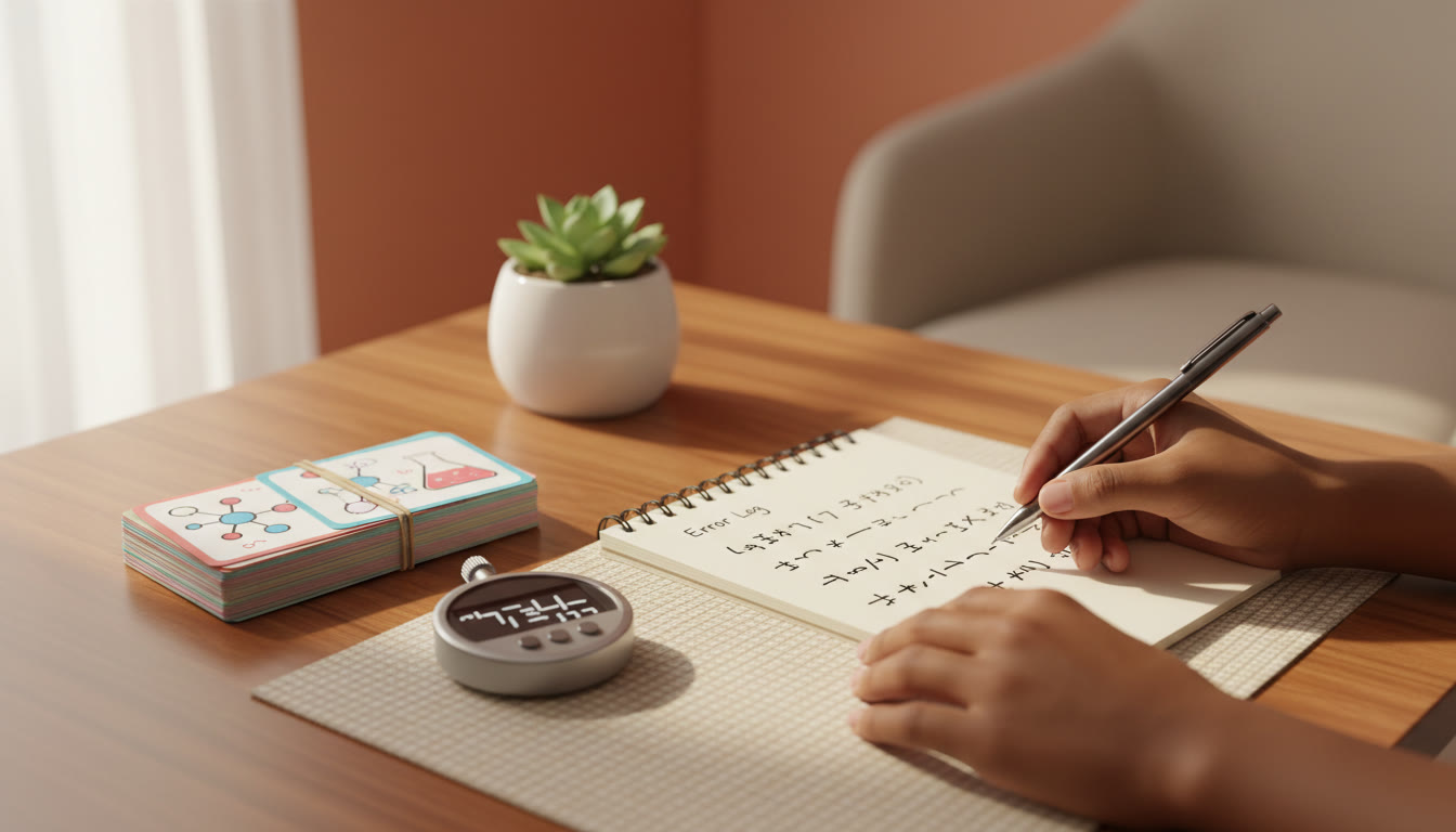 Photo Idea : Close-up of hands writing an error log next to a stack of chemistry flashcards and a stopwatch