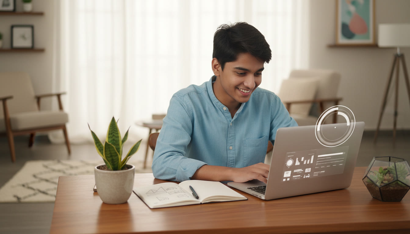 Photo Idea : a focused student taking an online mock test on a laptop, timer visible on screen, notebook and pen beside them