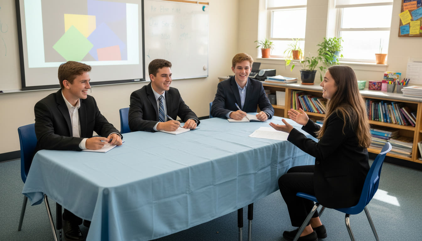 Photo Idea : A small group conducting a mock panel interview in a classroom setting