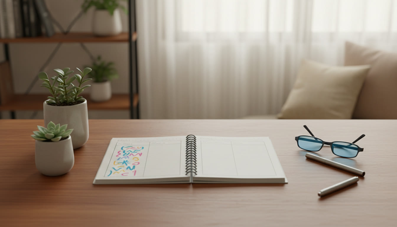 Photo Idea : Open notebook showing a tidy error log with columns: topic, mistake, correction, retest date
