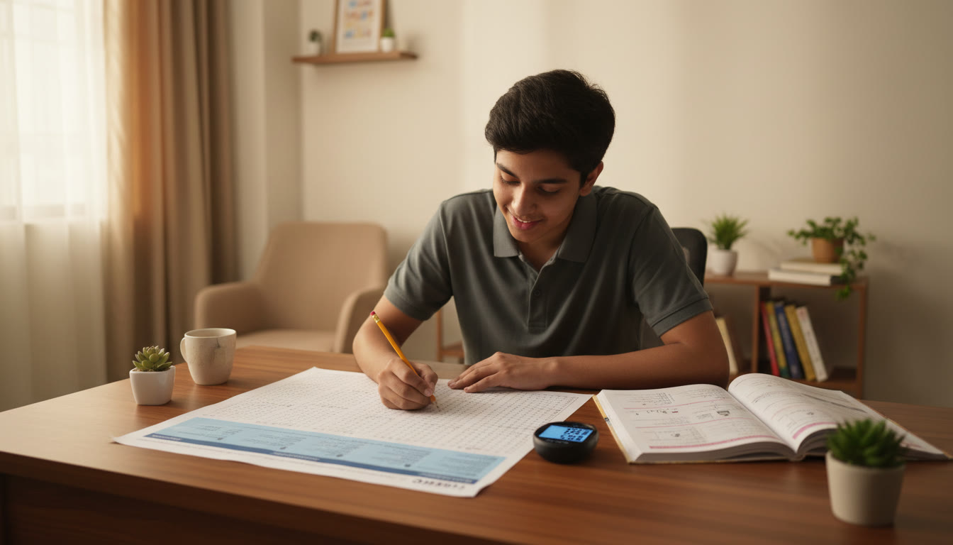 Photo Idea : A focused student at a desk doing a timed full-length mock with an OMR sheet and a stopwatch beside them