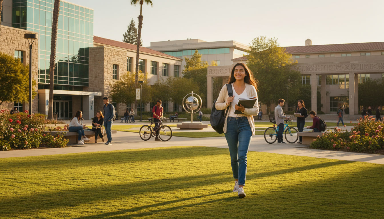 Photo Idea : IB student walking across a bilingual campus quad with a backpack and a notebook