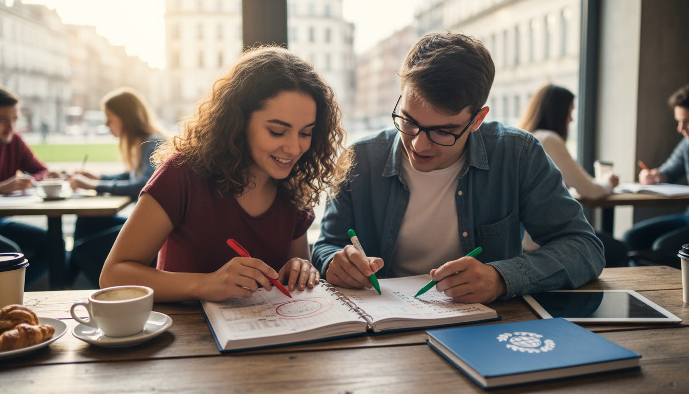Photo Idea : Two students discussing a planner at a cafe table, marking milestones and deadlines