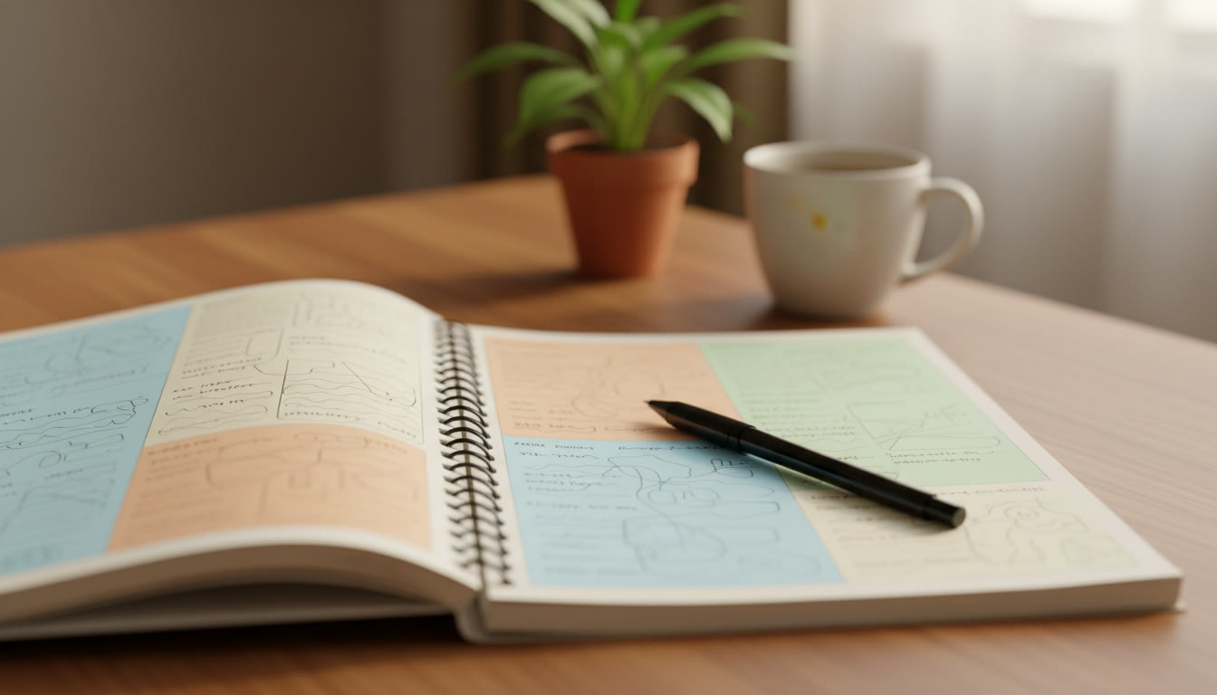 Photo Idea : Close-up of a student’s notebook with color-coded one-page summary sheets and a pen