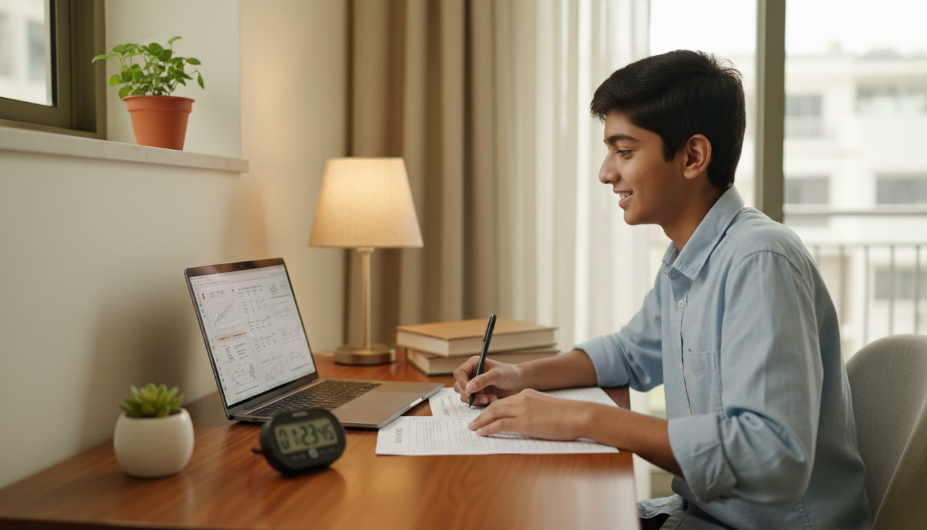 Photo Idea : A focused student at a desk with a laptop, OMR sheet and stopwatch, mid-mock practice