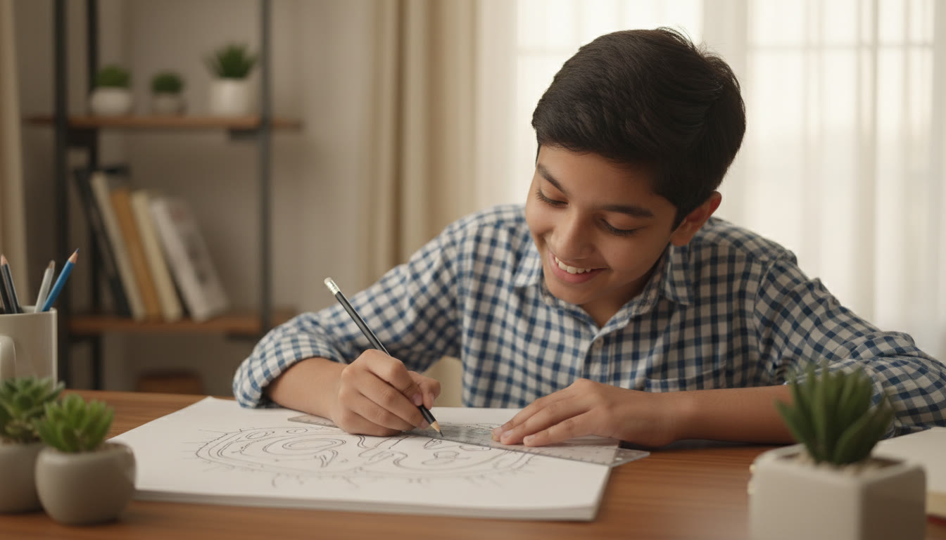 Photo Idea : Close-up of a student sketching a labeled scientific diagram with a ruler and pencil