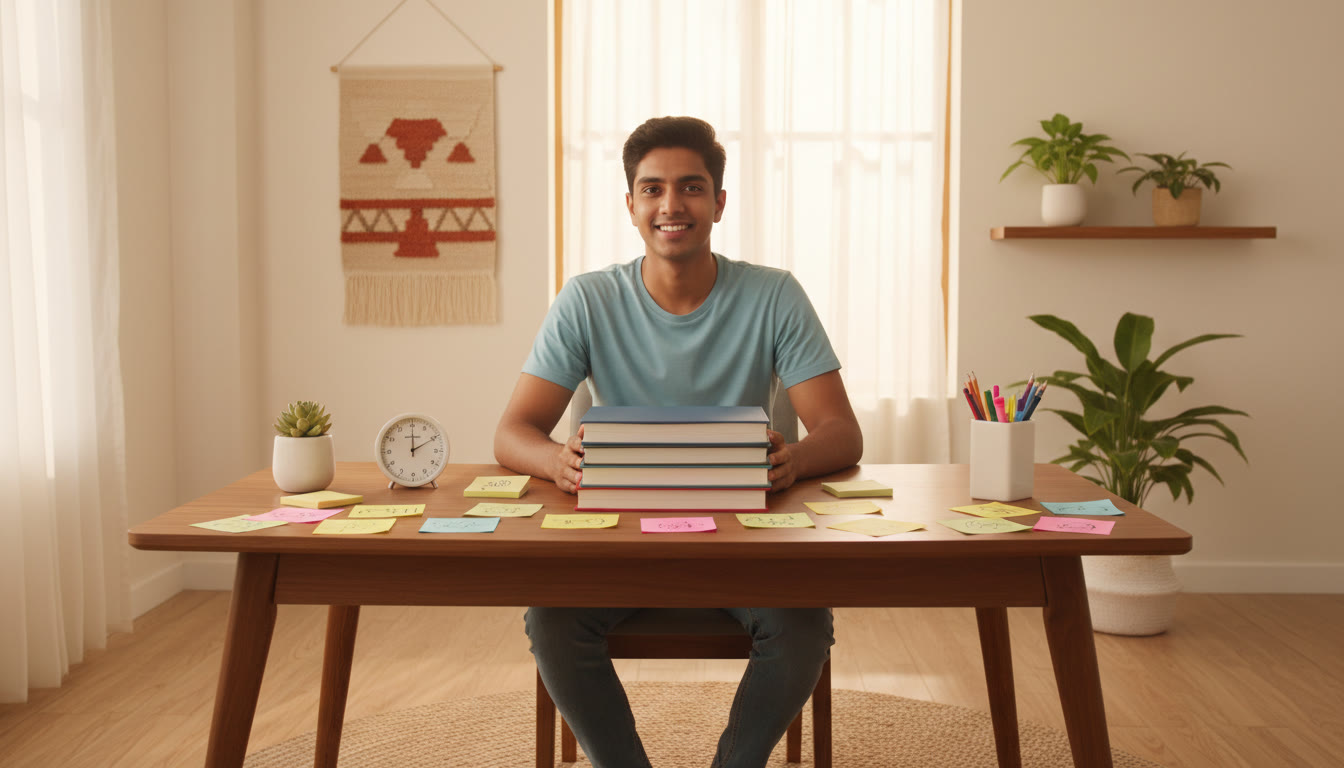 Photo Idea : Student at a study desk with three stacked textbooks labeled Physics, Chemistry, Mathematics, a timer, and colorful sticky notes
