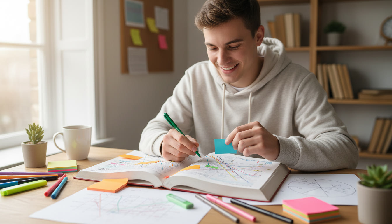 Photo Idea : A student annotating an economics diagram with coloured pens and sticky notes on a desk