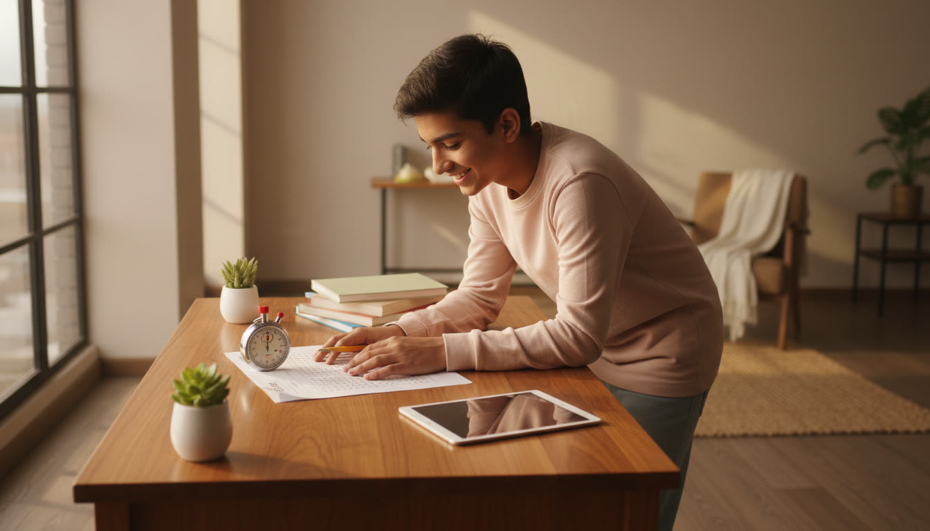 Photo Idea : Student reviewing mock test on a desk with open OMR sheet and stopwatch