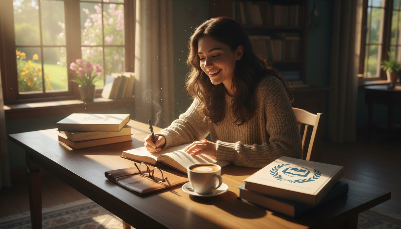Photo Idea : a student writing in a journal with textbooks and a cup of coffee, sunlight through a window