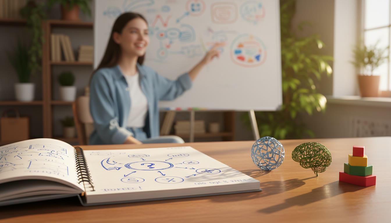 Photo Idea : close-up of a notebook with a drafted knowledge question and three small objects beside it