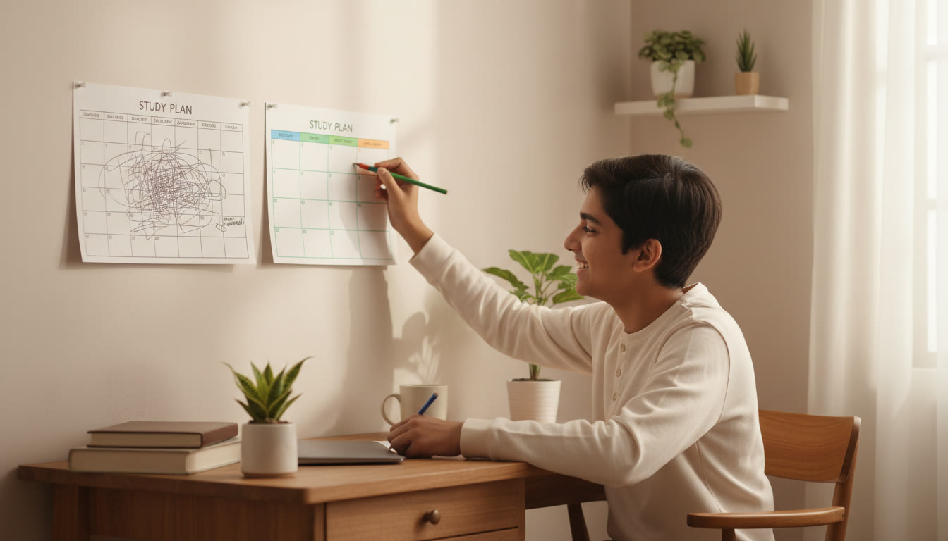 Photo Idea : Student sitting at a tidy desk, erasing a messy calendar and writing a fresh, color-coded study plan