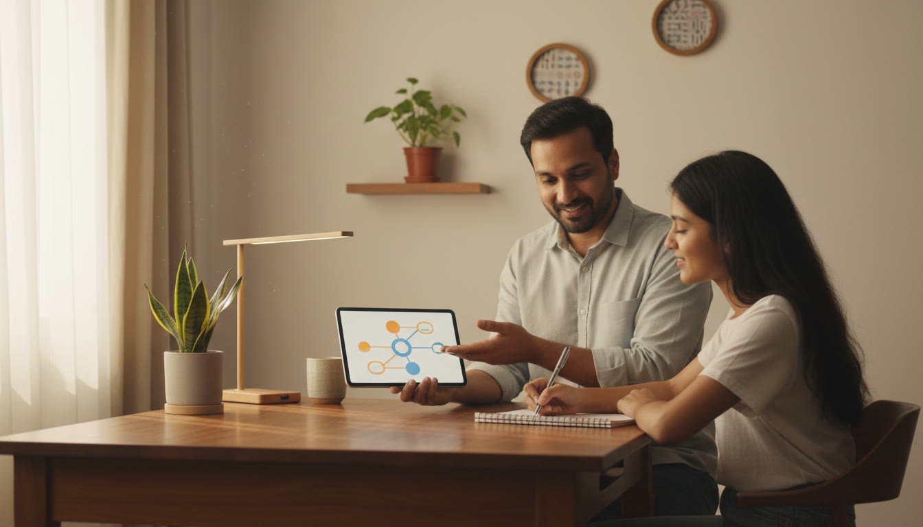 Photo Idea : Tutor explaining a diagram on a tablet while student takes notes
