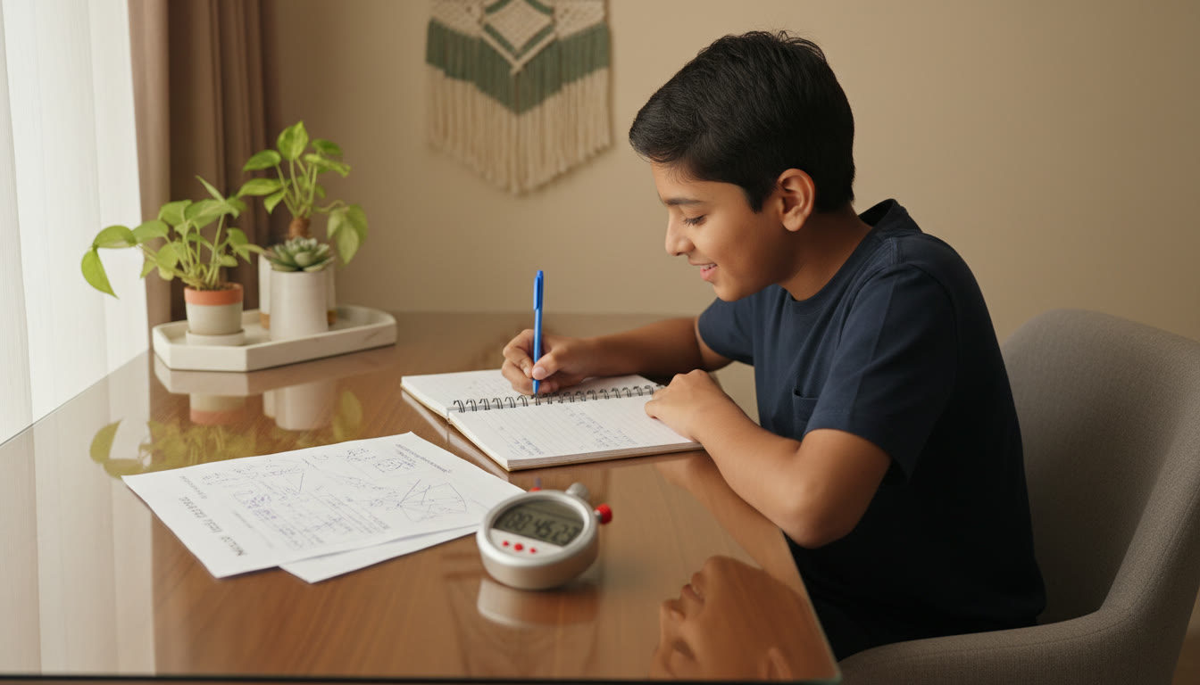Photo Idea : A desk scene with a printed mock test paper, a stopwatch, and a student making notes during analysis.