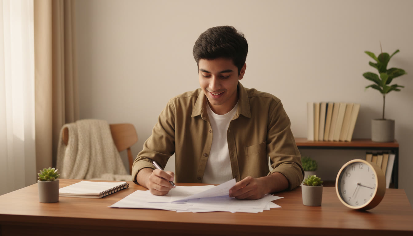 Photo Idea : A student calmly analyzing test papers at a desk with a notebook, pen, and a clock