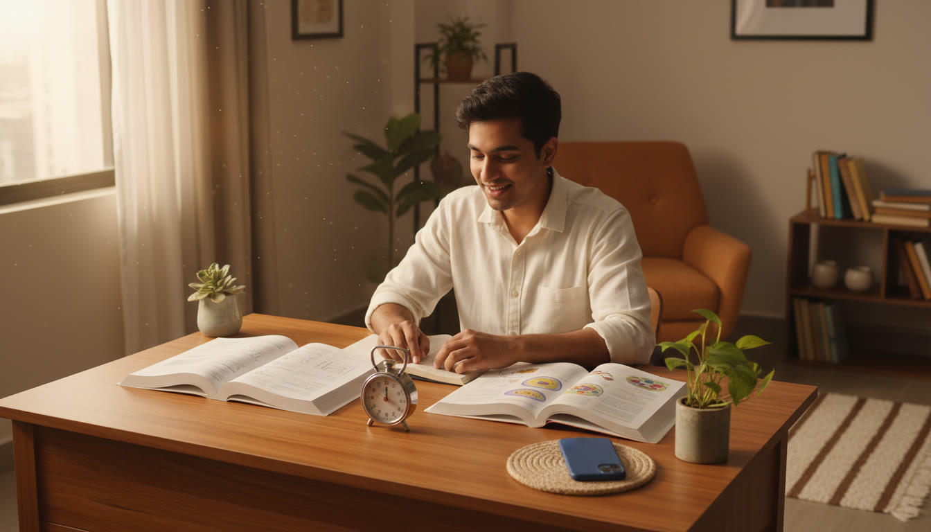 Photo Idea : A focused student at a study desk with an analog timer, open physics and biology books, and a muted phone placed face-down.