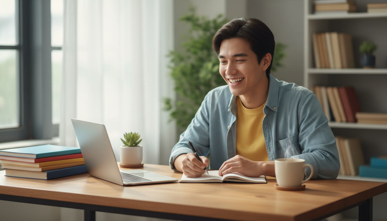 Photo Idea : Student sitting at a tidy desk with a laptop and notebook, writing a short reflection with a cup of tea nearby