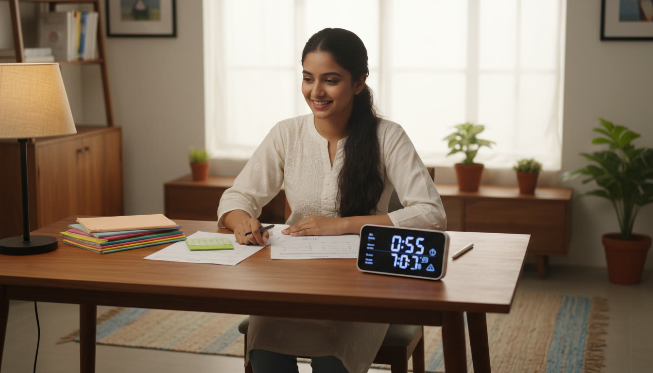 Photo Idea : A student at a desk with neatly arranged notes, a mock test sheet, and a ticking digital timer