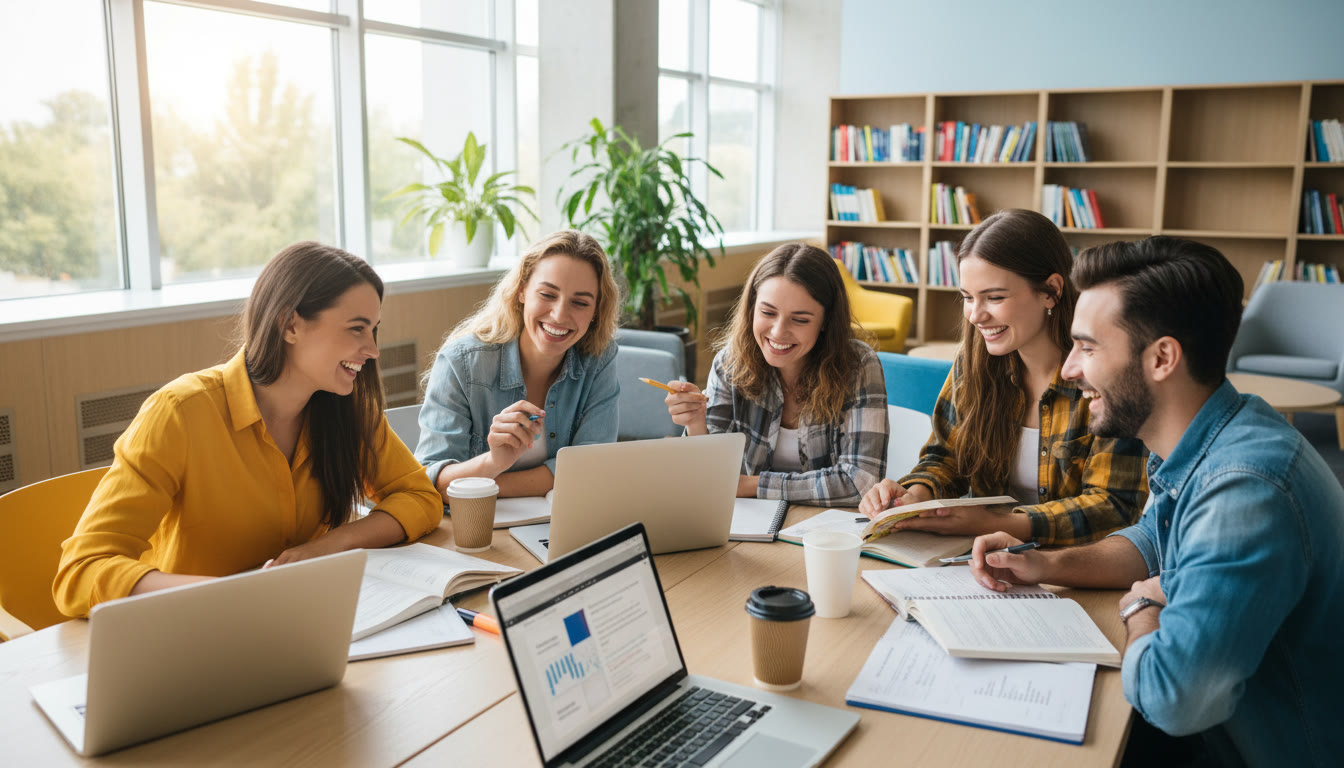 Photo Idea : Students in a bright study space comparing notes with laptops and textbooks