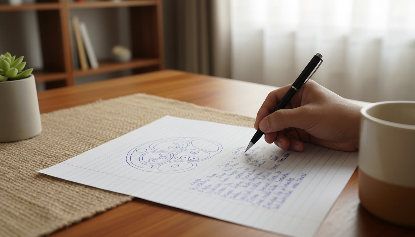 Photo Idea : Close-up of a hand drawing a labelled scientific diagram beside neat answer writing in a sample paper