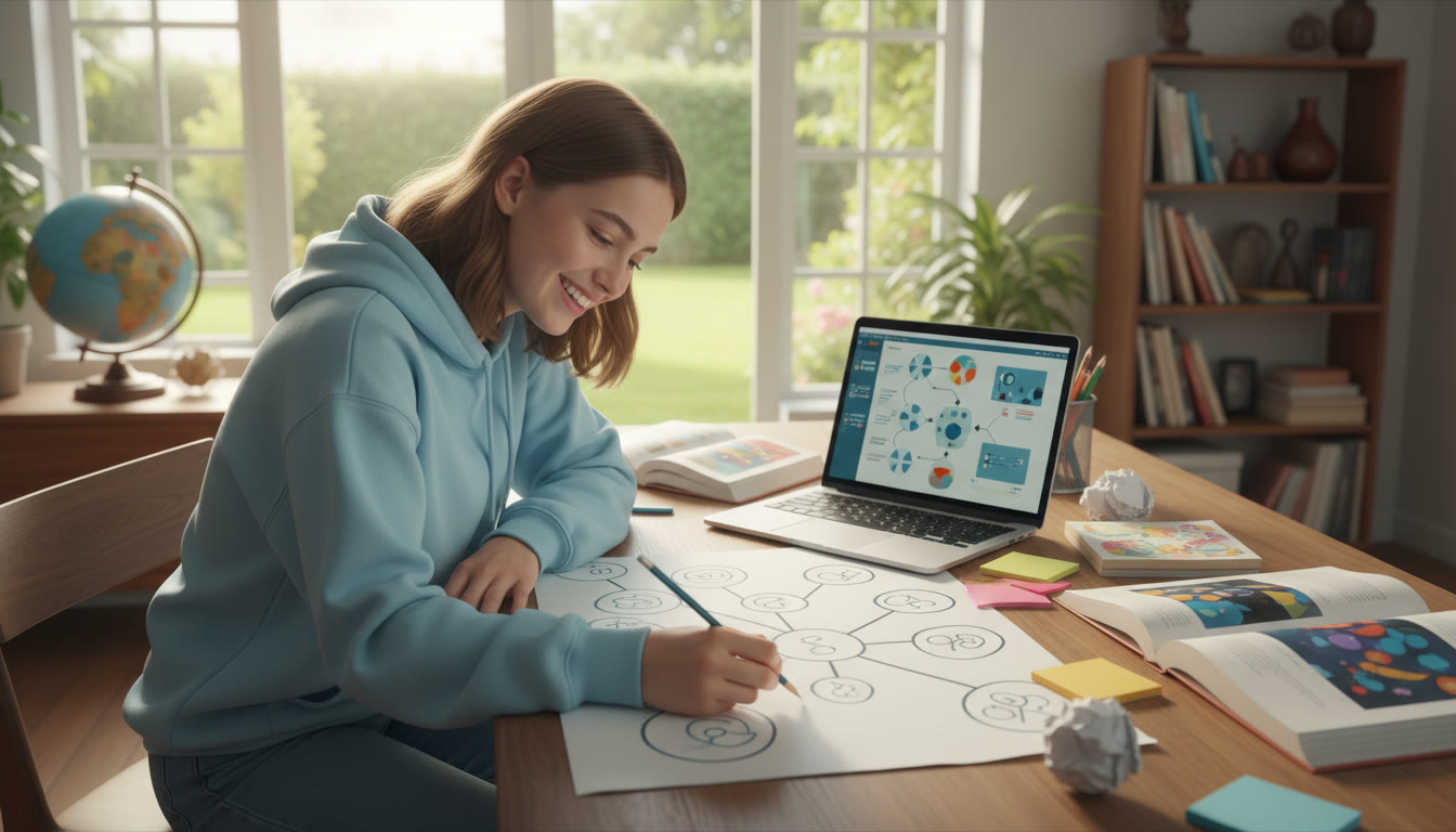 Photo Idea : Student sitting at a desk, scattered notes and an open laptop, sketching a TOK essay mind map