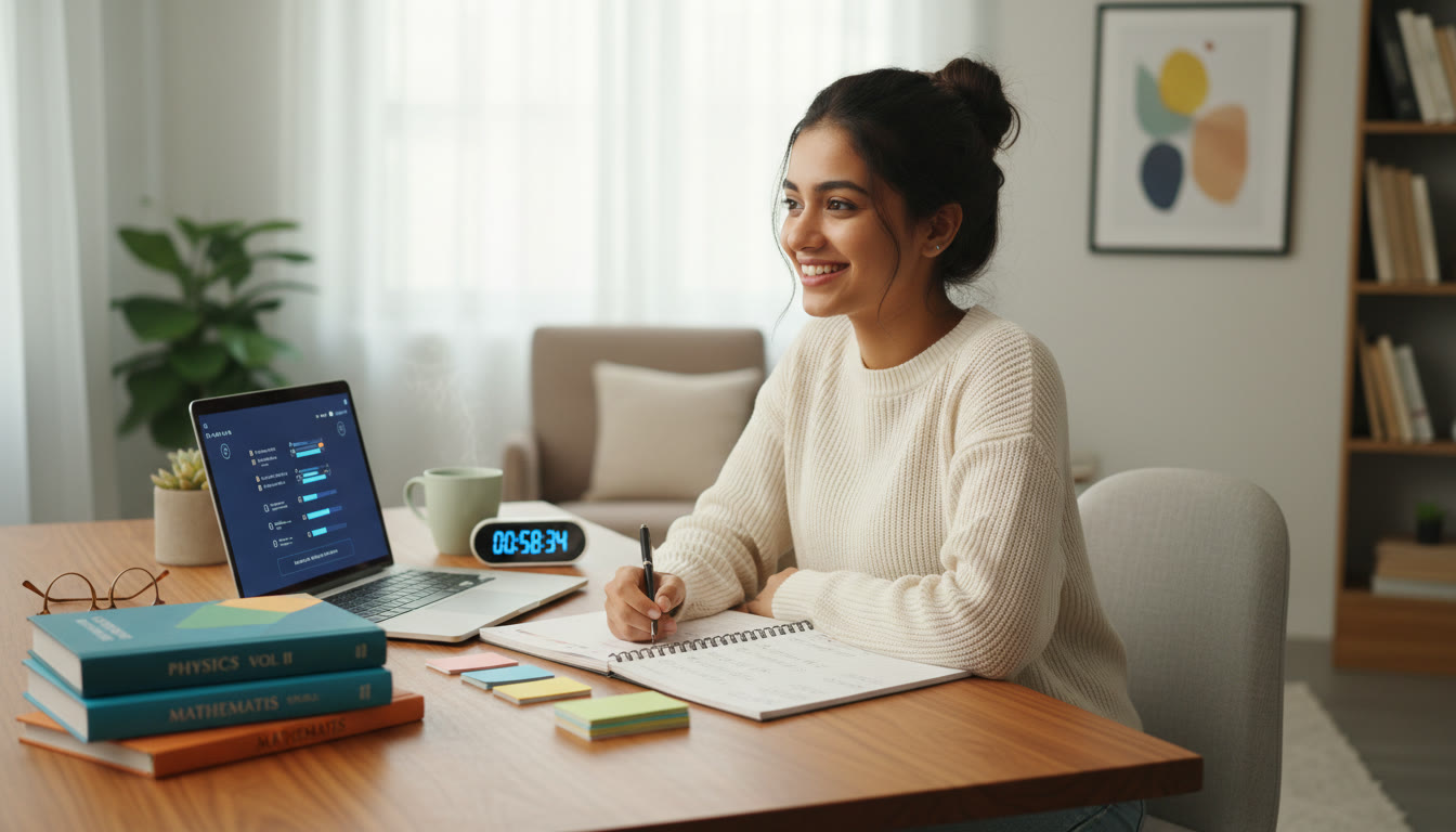 Photo Idea : Student at desk with ISC textbooks, neat notes, a timer and a laptop showing a mock test