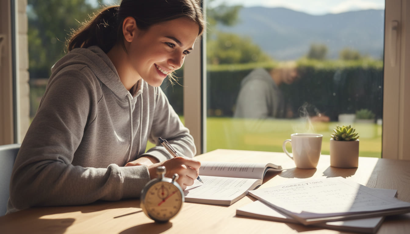 Photo Idea : A student doing a timed past-paper on a desk with a stopwatch and a notebook of corrections