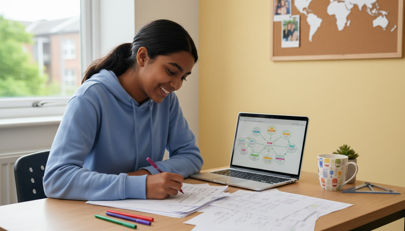 Photo Idea : Student at a tidy desk annotating a past paper with colored pens and a laptop open to notes