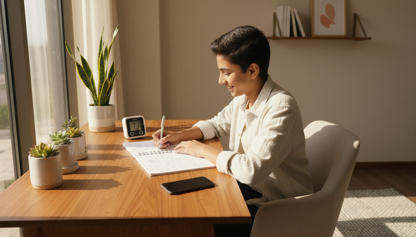 Photo Idea : A student at a tidy desk using a timer and notebook, sunlight streaming in, a closed phone beside them.