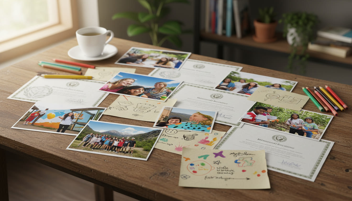 Photo Idea : A well-organized CAS portfolio spread out on a table with photos, certificates, and reflection notes