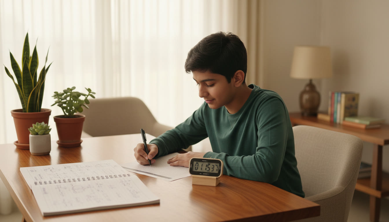 Photo Idea : Student calmly marking an OMR sheet with a stopwatch and neat rough work visible