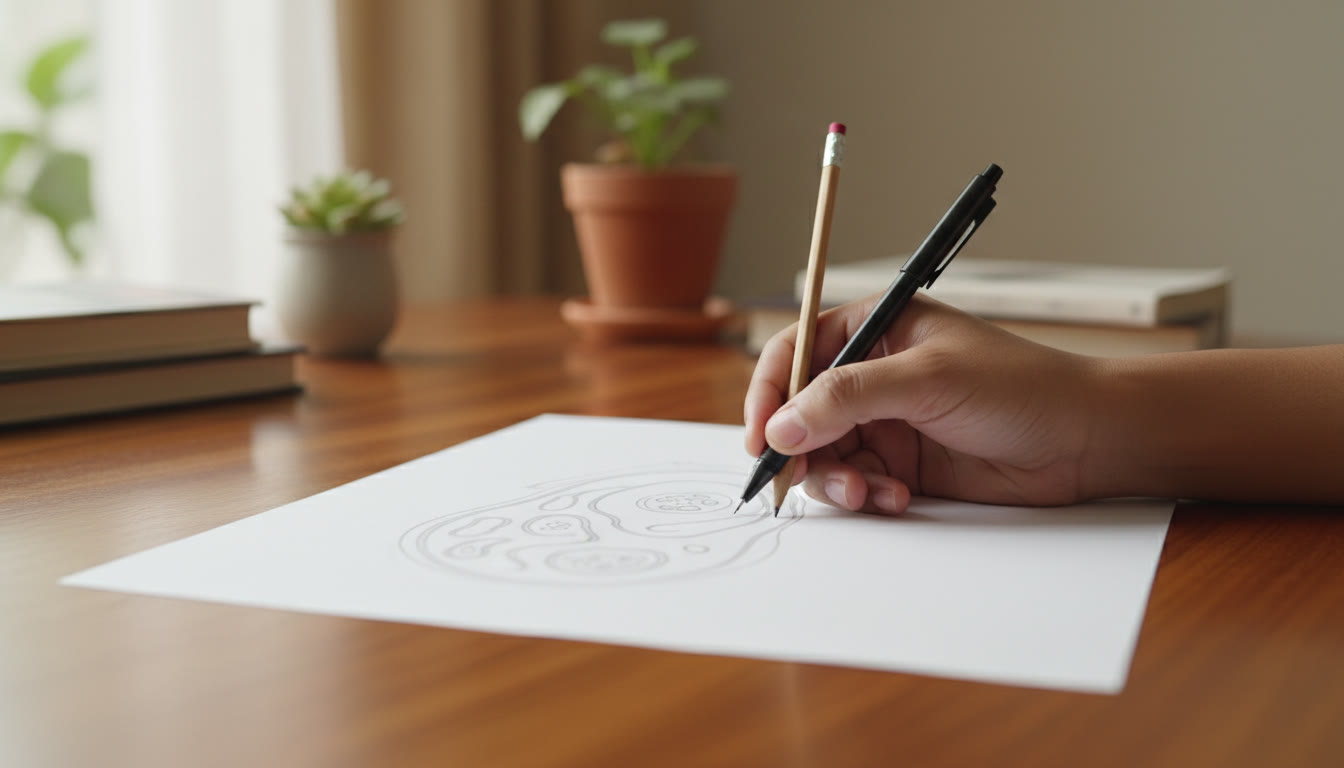 Photo Idea : A close-up of a clean, labelled biology diagram being drawn with a pencil and fine-tip pen