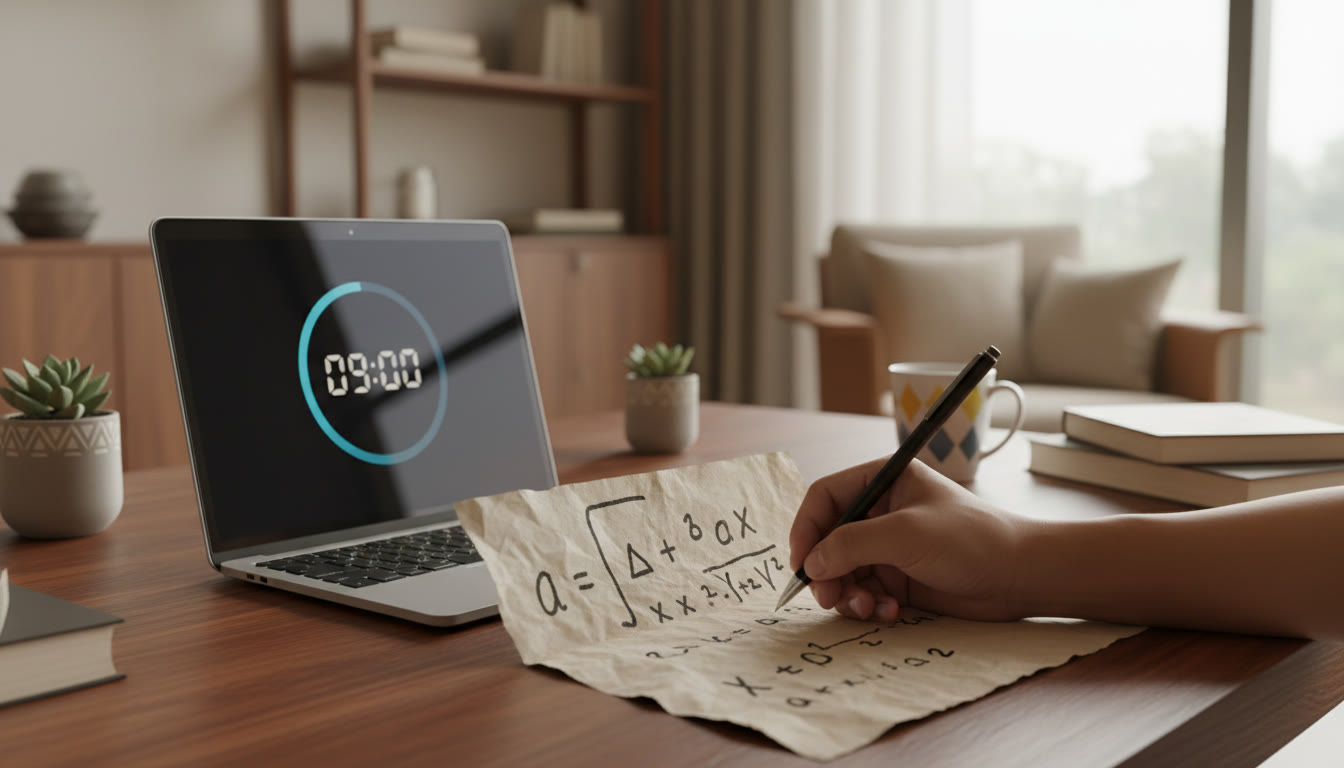 Photo Idea : Close-up of a student’s hand annotating rough paper with formulas, with a laptop showing a paused timer nearby
